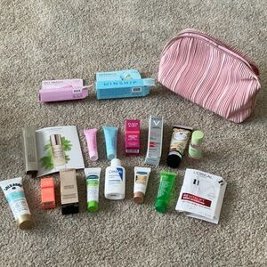 Pink Striped Cosmetic Bag with Skincare Samples
